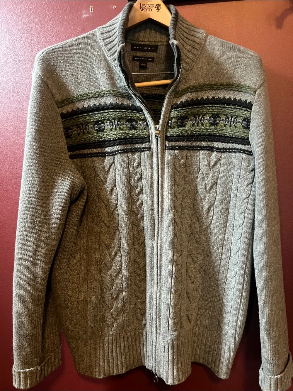 Banana Republic Gray Zip-Up Cable Knit Sweater with Green Fair Isle